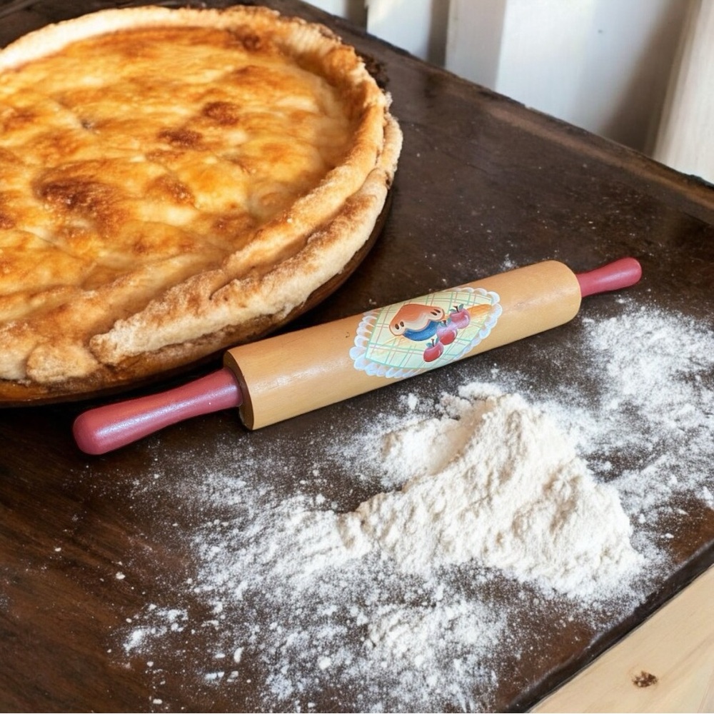 Vintage Farmhouse Wood Rolling Pin Red Handles Apple Pie Decal Kitsch